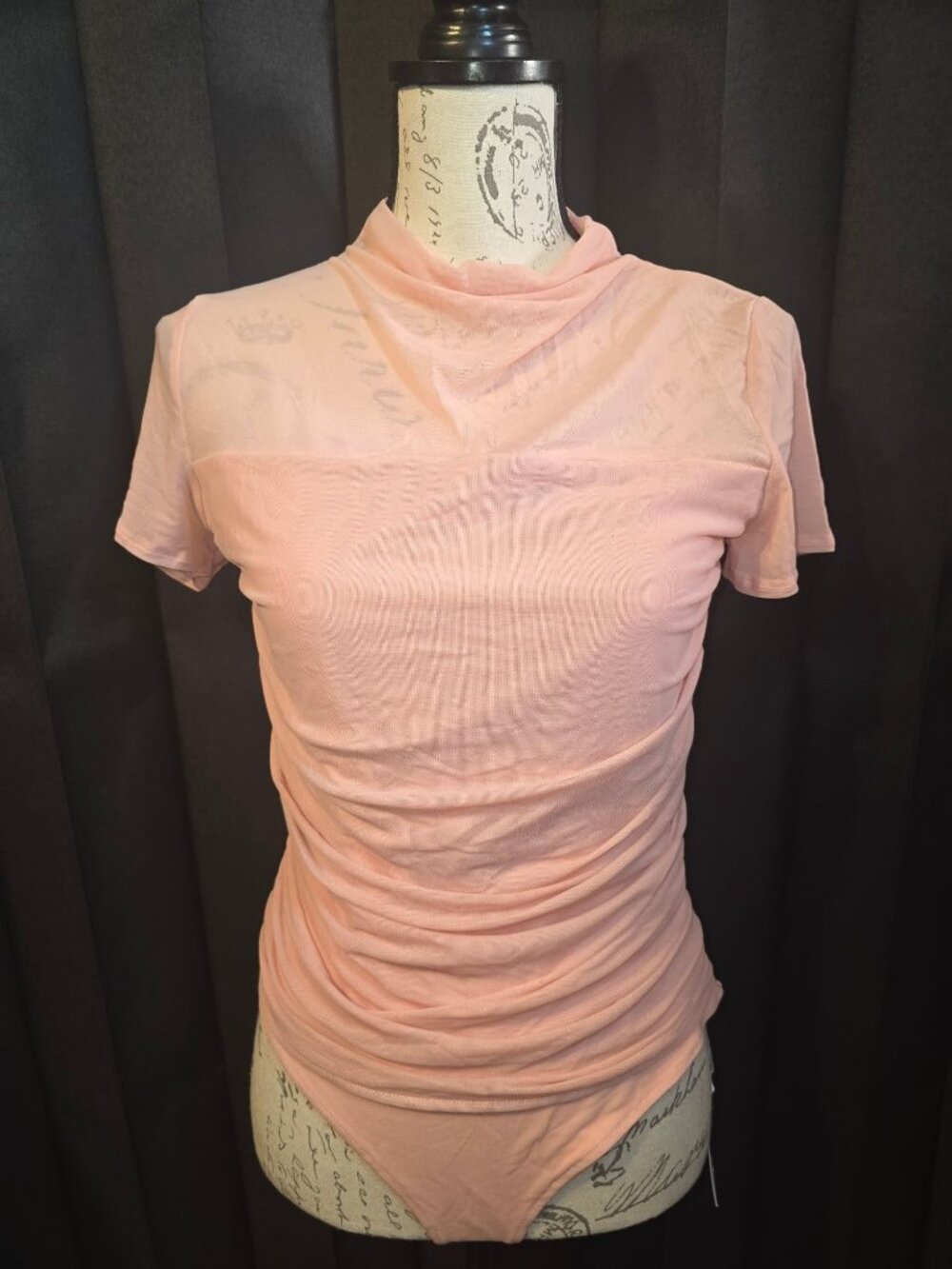 Reoria Womens Pink Sheer Mock Neck Short Sleeve Bodysuit L